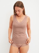 Women model is wearing Tank top made of Cotton in Brown, Lace from the Natural Comfort Lace series by CALIDA, Outfit