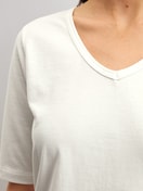 Women model is wearing Short-sleeved shirt with V-neck made of 100% Cotton in White, Unicoloured from the Late Bloom M&M series by CALIDA, Detail