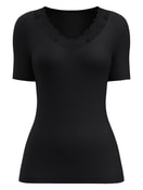 Damen - Kurzarm-Shirt aus Wolle-Seide aus Spitze in Schwarz, Spitze aus Serie Silky Wool Glam von CALIDA