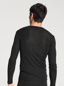 Men model is wearing Wool-silk long-sleeved shirt made of Wool in Grey, Unicoloured from the Wool & Silk series by CALIDA, Back view