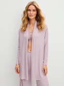 Women model is wearing Kimono made from TENCEL™ Modal made of Modal in Purple, Unicoloured from the Feminine Lounge series by CALIDA, Front view