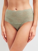 Women model is wearing High-waisted briefs with lace waistband made of Lace in Green, Lace from the Sensual Secrets series by CALIDA, Front View