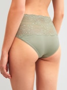 Women model is wearing High-waisted briefs with lace waistband made of Lace in Green, Lace from the Sensual Secrets series by CALIDA, Back View