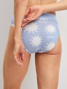 Women model is wearing Brief, high waist made of Cotton in Blue, Motif from the EDITION 85 series by CALIDA, Back view