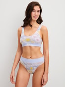 Women model is wearing Brief, high waist made of Cotton in Blue, Patterned from the EDITION 85 series by CALIDA, Outfit