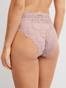 Women model is wearing Brief, high waist made of Polyamide in Purple, Lace from the Love Lace series by CALIDA, Back view