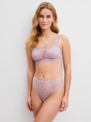 Women model is wearing Brief, high waist made of Polyamide in Purple, Lace from the Love Lace series by CALIDA, Outfit