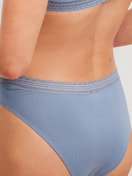 Women model is wearing Brazilian Brief made of Modal in Blue, Lace from the Etude Ajours series by CALIDA, Detail
