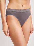Women model is wearing Brief, regular cut made of Cotton in Brown, Lace from the Natural Comfort Lace series by CALIDA, Front view
