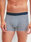 Herren-Model trägt Boxer Brief mit Softgummibund aus Baumwolle in Blau, Gestreift aus Serie Grafic Cotton von CALIDA, Vorderansicht
