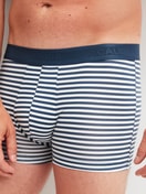 Herren-Model trägt Boxer Brief mit Softgummibund aus Baumwolle in Blau, Gestreift aus Serie Grafic Cotton von CALIDA, Detail
