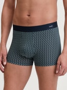 Herren-Model trägt Boxer Brief mit Softgummibund aus Baumwolle in Grün, Gemustert aus Serie Cotton Code Design von CALIDA, Vorderansicht