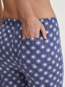 Women model is wearing Pyjama bottom made of 100% Cotton in Blue, Patterned from the Favourites Universe series by CALIDA, Detail