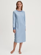Women model is wearing Long Sleeve Nightdress – 110 cm Length made of 100% Cotton in Blue, Striped from the Midnight Stripes series by CALIDA, Front view