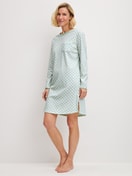 Women model is wearing Long Sleeve Nightdress – 95 cm Length made of 100% Cotton in Turquoise, Patterned from the Sweet Dreams series by CALIDA, Front view
