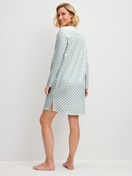 Women model is wearing Long Sleeve Nightdress – 95 cm Length made of 100% Cotton in Turquoise, Patterned from the Sweet Dreams series by CALIDA, Back view