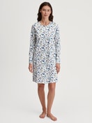 Women model is wearing Long-sleeve nightdress, length 100 cm made of 100% Cotton in Blue, Floral from the Flower Nights series by CALIDA, Front view