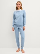 Women model is wearing Pyjama with cuff made of 100% Cotton in Grey, Striped from the Soulmate series by CALIDA, Front view