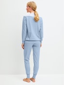 Women model is wearing Pyjama with cuff made of 100% Cotton in Grey, Striped from the Soulmate series by CALIDA, Back view