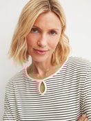 Le mannequin Femme porte le/la Pyjama, longue en 100% coton de couleur Beige, Rayée, de la série Sweet Dreams de CALIDA, Détail