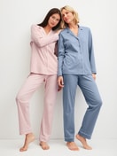 Women model is wearing Button-Up Pyjama made of 100% Cotton in Blue, Unicoloured from the Night Lovers series by CALIDA, Additional Image