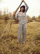 Women model is wearing Button-Up Pyjama made of 100% Cotton in Blue, Patterned from the Autumn Dreams series by CALIDA, Additional Image