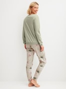 Women model is wearing Pyjama with cuff made of 100% Cotton in Green, Floral from the Leaf Dreams series by CALIDA, Back view