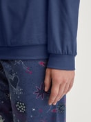 Women model is wearing Pyjama with cuff made of 100% Cotton in Blue, Patterned from the Mystic Nights series by CALIDA, Detail