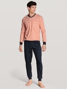 Men model is wearing Pyjama with cuff made of 100% Cotton in Red, Striped from the Nightwear Xtra series by CALIDA, Front view