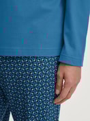 Men model is wearing Pyjamas, long made of 100% Cotton in Blue, Patterned from the Relax Imprint 2 series by CALIDA, Detail