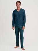 Men model is wearing Pyjamas, long made of 100% Cotton in Turquoise, Patterned from the Relax Imprint 3 series by CALIDA, Front view