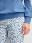 Women model is wearing Pyjama with cuff made of 100% Cotton in Blue, Patterned from the Cotton Special series by CALIDA, Detail