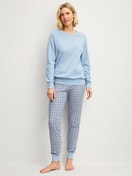 Women model is wearing Pyjama with cuff made of 100% Cotton in Grey, Patterned from the Cotton Special series by CALIDA, Front view