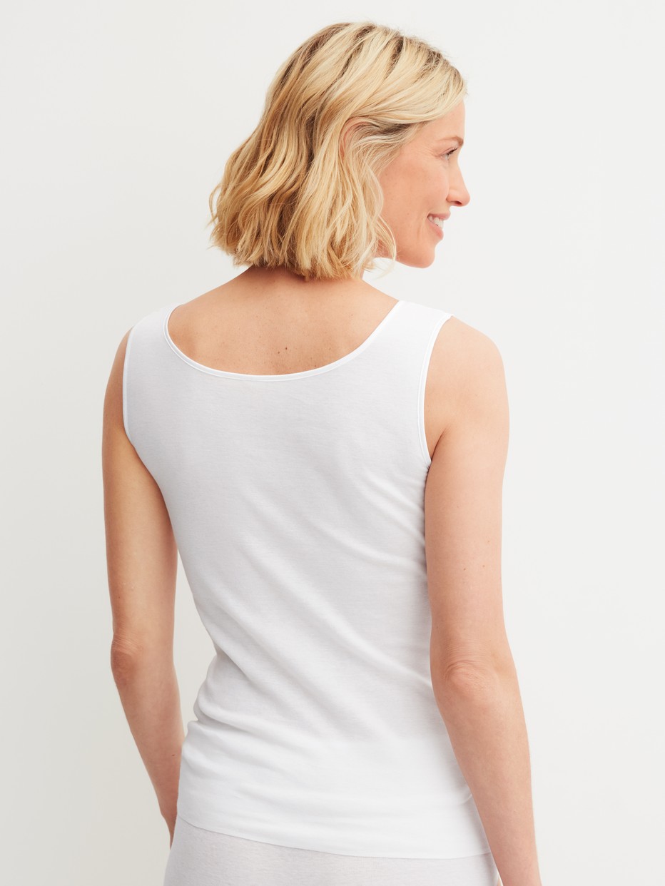 Women model is wearing Tank top made of 100% Cotton in White, Lace from the Cotton Desire series by CALIDA, Back view