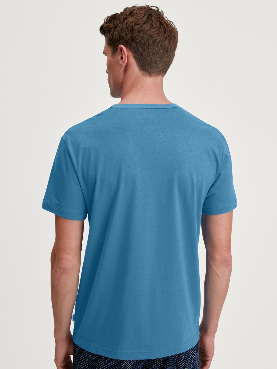 Herren-Model trägt Kurzarm-Shirt aus 100% Baumwolle in Blau, Einfarbig aus Serie RMX Sleep Leisure von CALIDA, Rückansicht