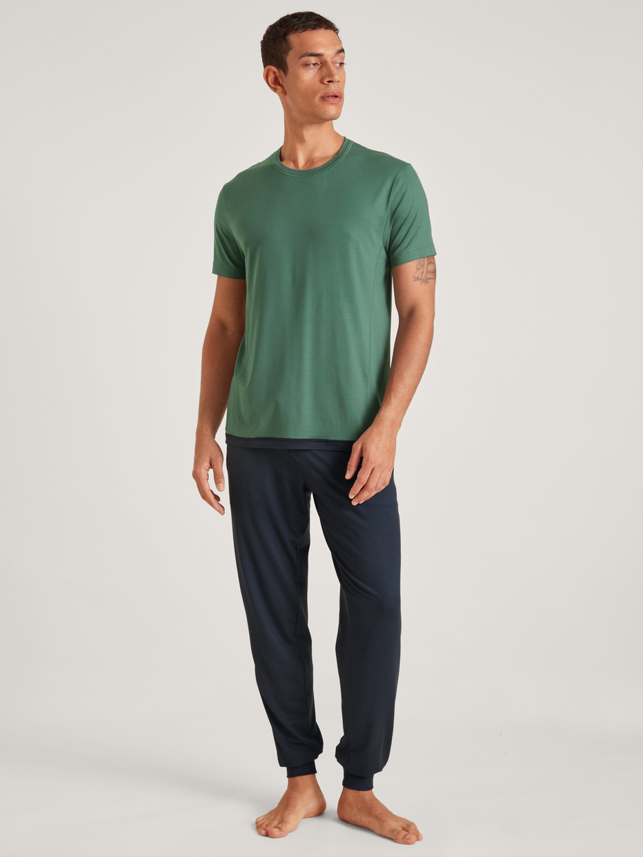 Herren-Model trägt Kurzarm-Shirt aus Modal in Grün, Einfarbig aus Serie DSW Balancing von CALIDA, Vorderansicht, Outfit