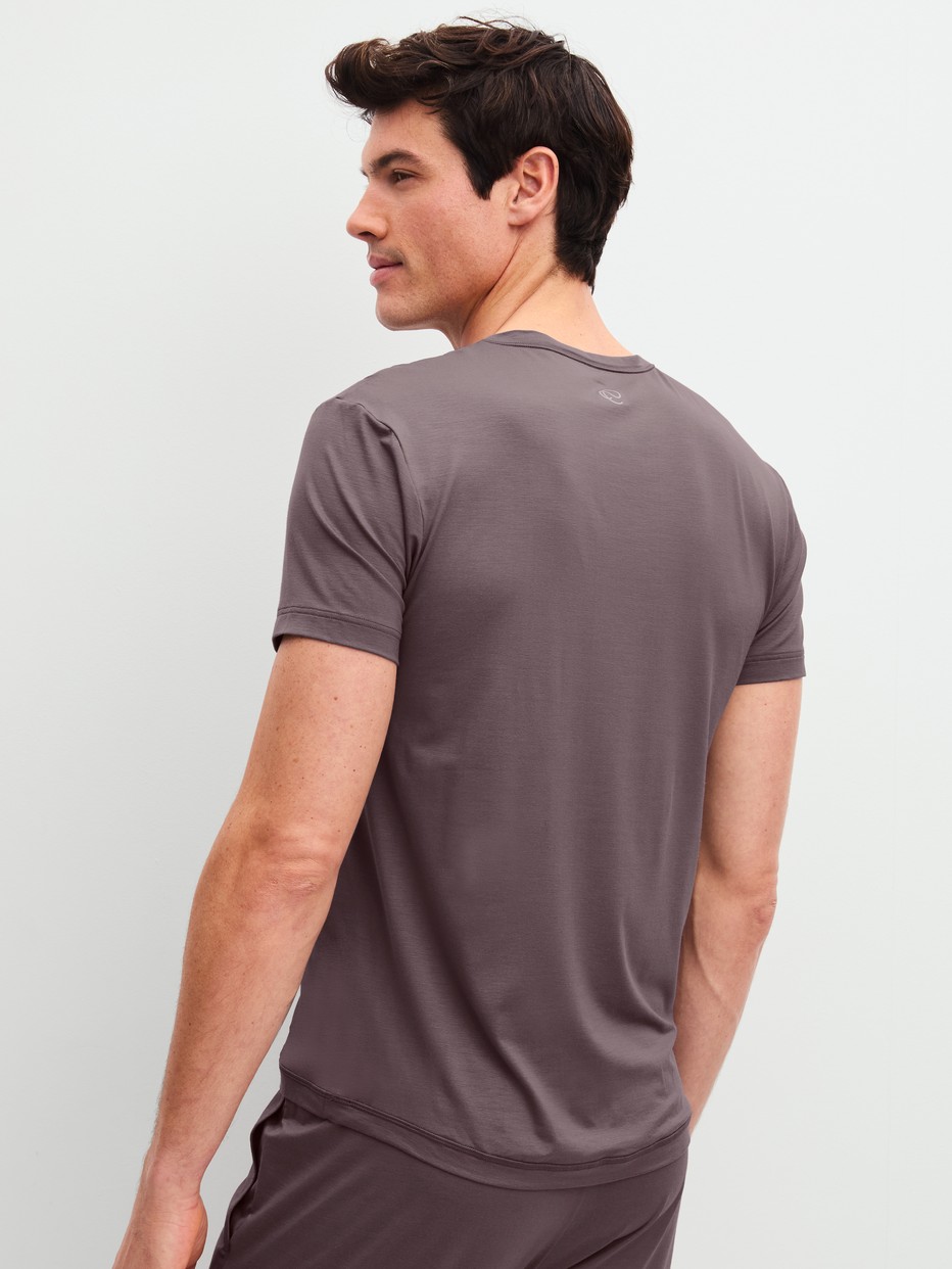 Herren-Model trägt Kurzarm-Shirt aus Modal in Braun, Einfarbig aus Serie DSW Balancing von CALIDA, Rückansicht