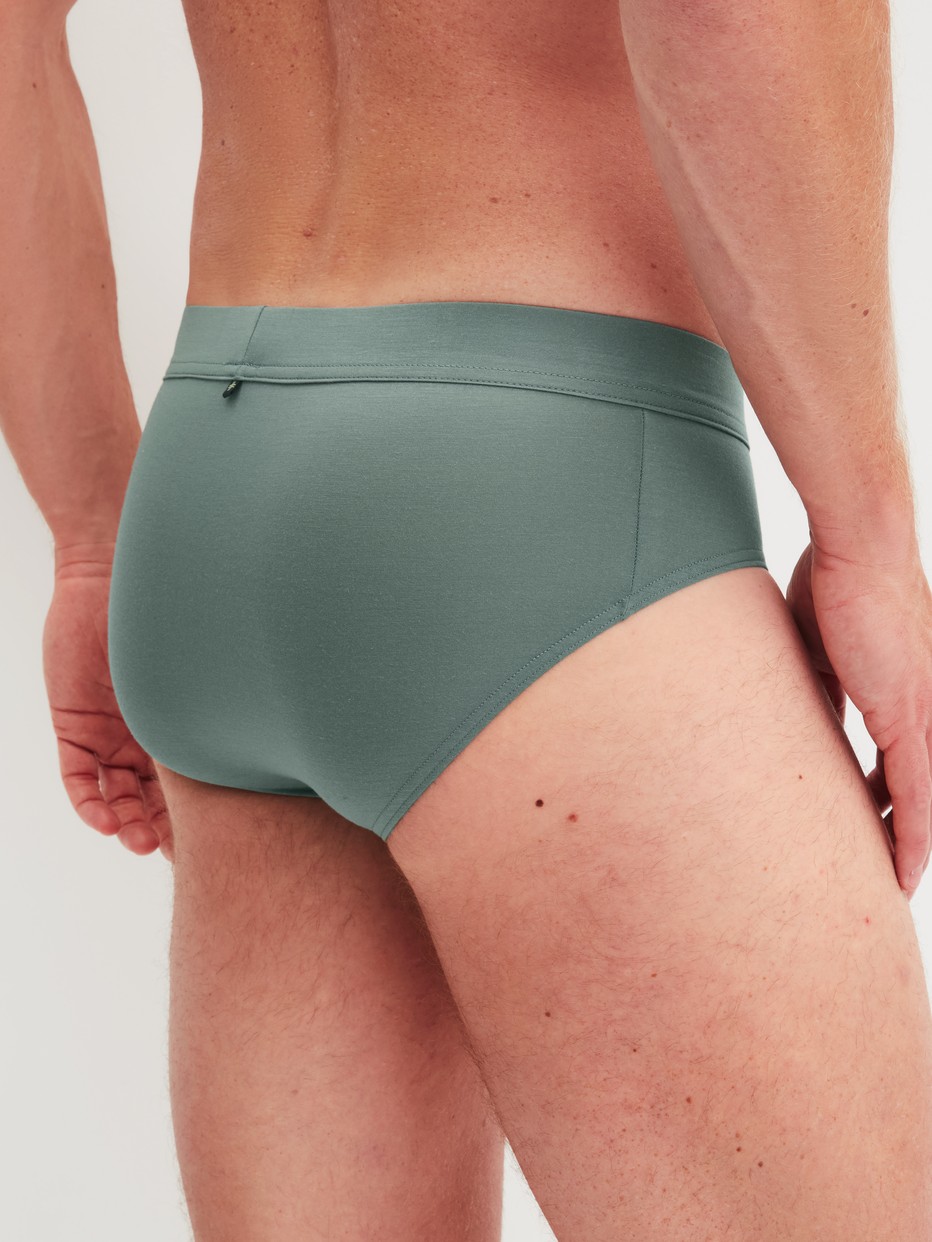 La modella / Il modello Uomo indossa Slip in Modal di colore Verde, Tinta unita, della serie Balanced Day di CALIDA, Vista posteriore