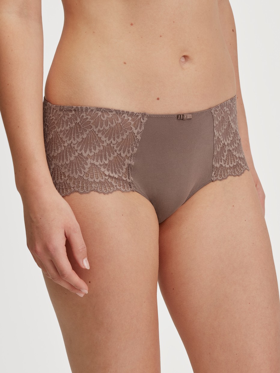 Women model is wearing Low Cut Panty made of Modal in Brown, Lace from the Modal Sense series by CALIDA, Front view