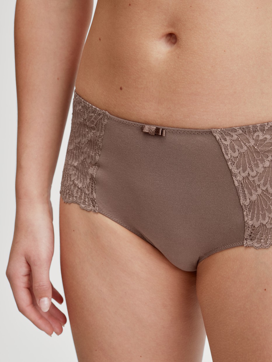Women model is wearing Low Cut Panty made of Modal in Brown, Lace from the Modal Sense series by CALIDA, Detail