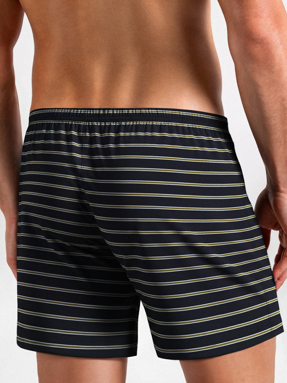 Herren-Model trägt Boxershorts aus 100% Baumwolle in Blau, Gestreift aus Serie Daywear Xtra von CALIDA, Rückansicht