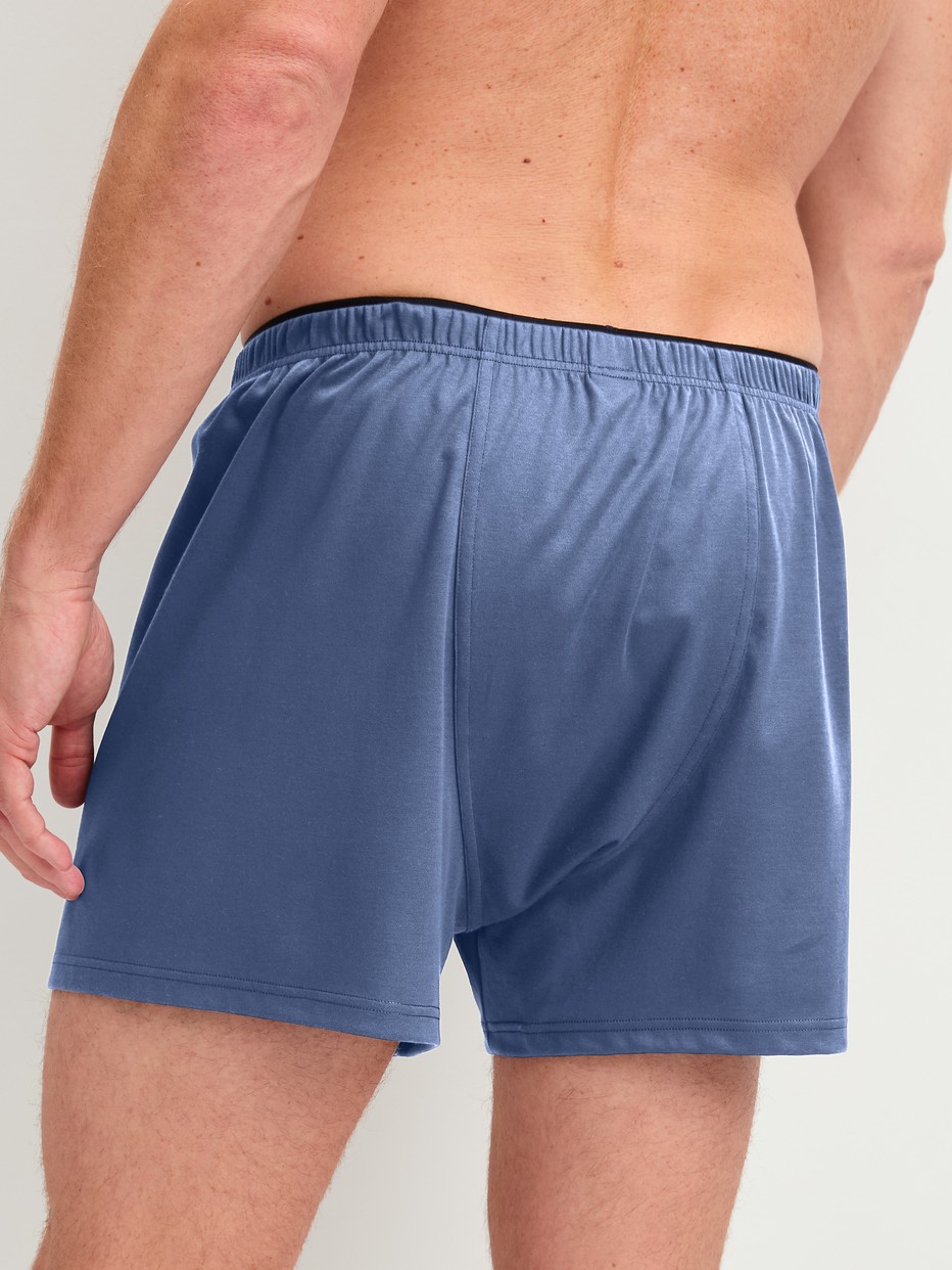 Herren-Model trägt Boxershorts aus 100% Baumwolle in Blau, Einfarbig aus Serie Cotton Choice von CALIDA, Rückansicht