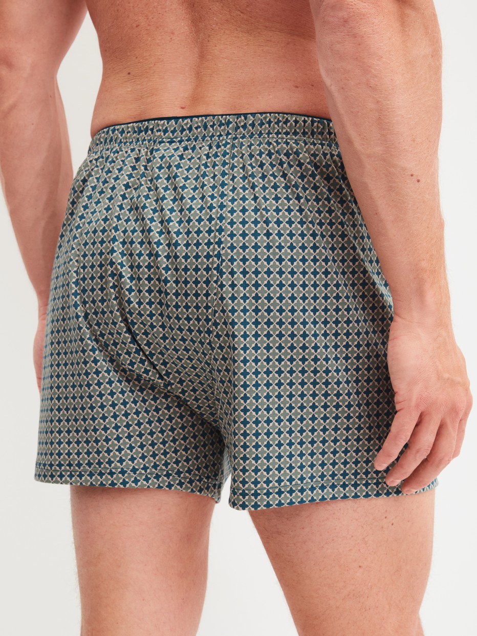 Herren-Model trägt Boxershorts aus 100% Baumwolle in Beige, Gemustert aus Serie Cotton Choice von CALIDA, Rückansicht