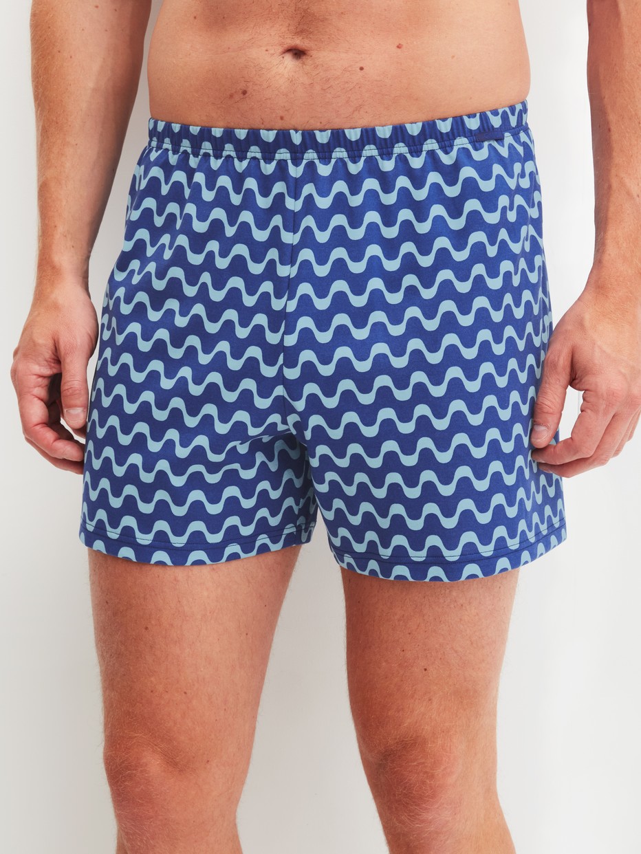 Men model is wearing Boxer shorts made of Cotton in Blue, Patterned from the Prints series by CALIDA, Front view