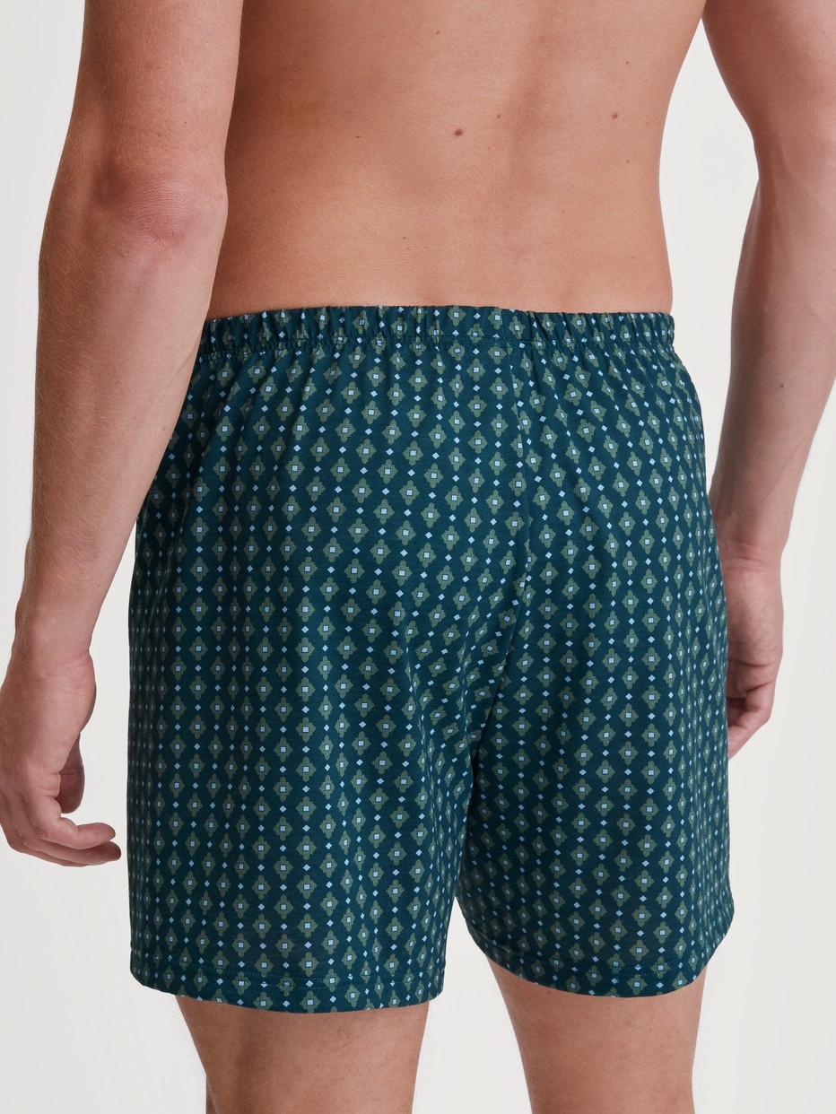 Herren-Model trägt Jersey-Boxershorts ohne Eingriff aus 100% Baumwolle in Türkis, Gemustert aus Serie Prints von CALIDA, Rückansicht