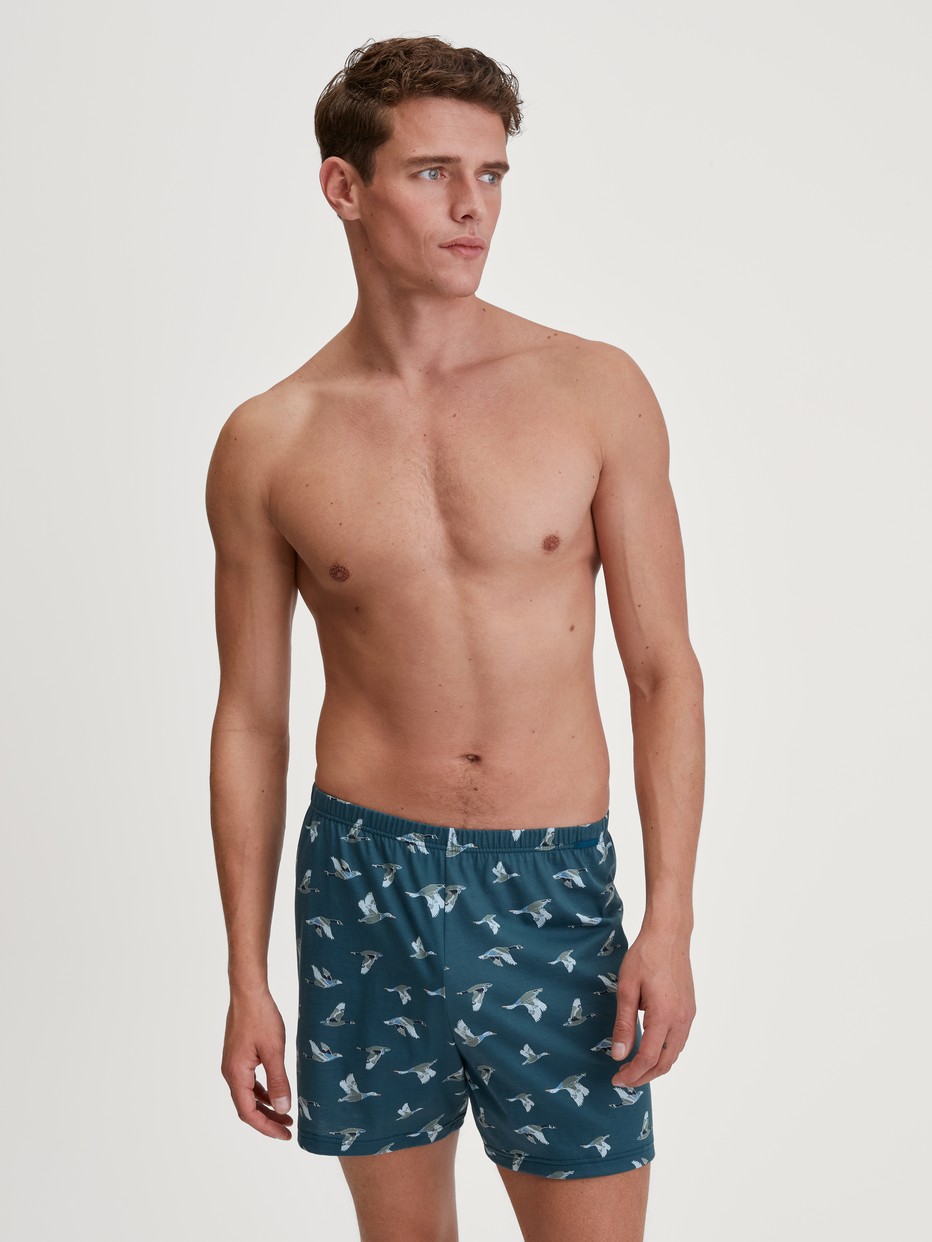 Herren-Model trägt Jersey-Boxershorts ohne Eingriff aus 100% Baumwolle in Blau, Gemustert aus Serie Prints von CALIDA, Zusatzbild