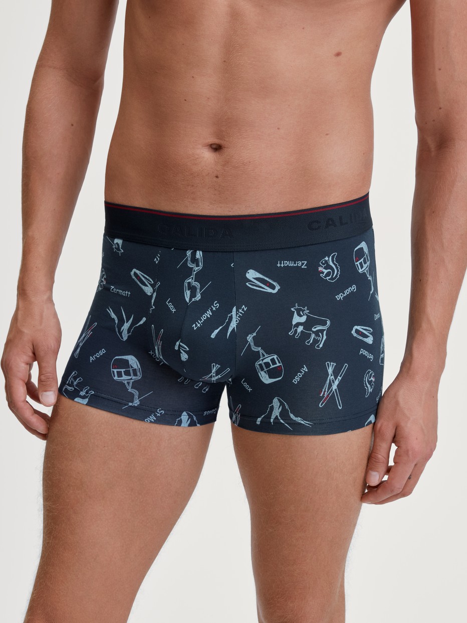 Men model is wearing Boxer brief made of Cotton in Blue, Motif from the Swiss Resort series by CALIDA, Front view