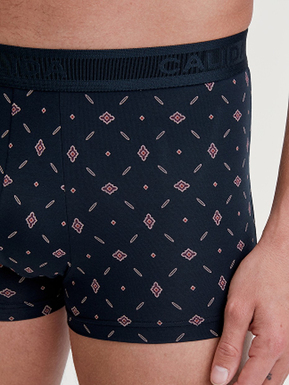 Herren-Model trägt Boxer Brief aus Baumwolle in Blau, Gemustert aus Serie Swiss Cotton Select von CALIDA, Vorderansicht
