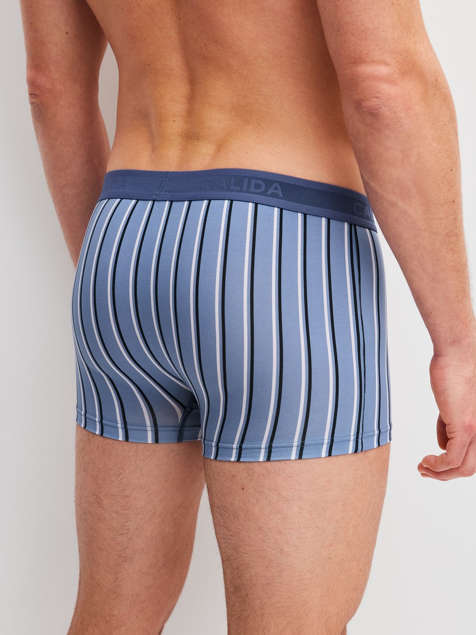 Men model is wearing Boxer brief made of Pima® Cotton in Blue, Striped from the Grafic Cotton series by CALIDA, Back view