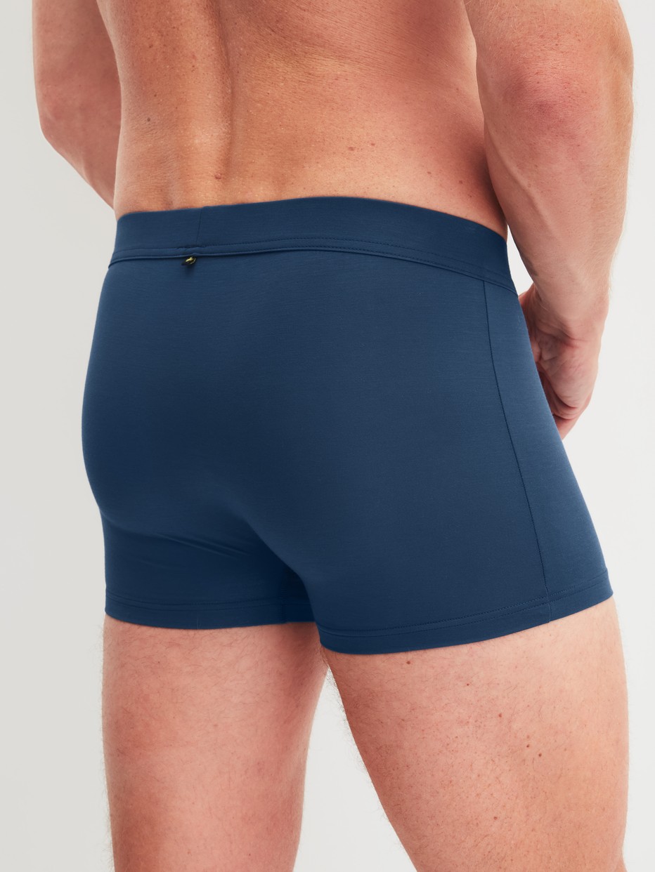Herren-Model trägt Boxer Brief mit Quick Dry Effekt aus Modal in Blau, Einfarbig aus Serie Balanced Day von CALIDA, Rückansicht